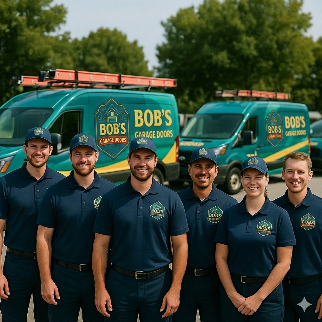 Bob's Garage Doors professional team standing in front of service vans